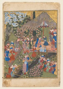 Królewskie przyjęcie w krajobrazie, prawe folio z podwójnego frontyspisu Szahnamy (Księgi Królów) z Firdausi (perski, ok. 940–1019 lub 1025) (verso) autorstwa Unknown artist