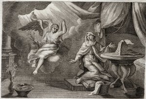 Biblia Royaumont, Nowy Testament: Zwiastowanie Dziewicy. Archanioł Gabriel przybył, aby przekazać wiadomość Maryi. Ilustracja z 1811 roku. autorstwa Unknown artist
