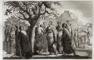 Biblia Royaumonta, Nowy Testament: Nawrócenie Zachee. Jezus Chrystus rozmawiający z Zachee okonia na jaworze. Ilustracja z 1811 roku. autorstwa Unknown artist
