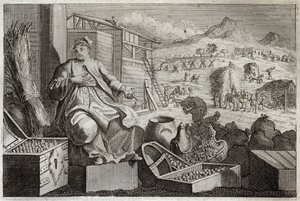 Biblia Royaumont, Nowy Testament: Szaleństwo bogactwa lub przypowieść o bogaczu. Jezus Chrystus wypowiada się przeciwko próżności bogacza, który przyklasnął sobie za swoje wielkie posiadłości i zmarł następnej nocy. Ilustracja z 1811 roku. autorstwa Unknown artist