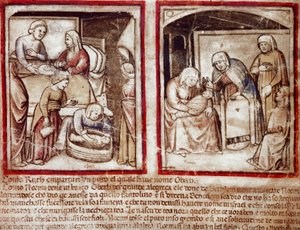 Ruth rodzi Obeda (Obetha) syna Boaza (Boaza) Miniatura z Kodeksu 212 (lub Kodeksu Padovańskiego lub Biblii Padewskiej) 1390-1400 Rovigo, Accademia dei Concordi autorstwa Unknown artist