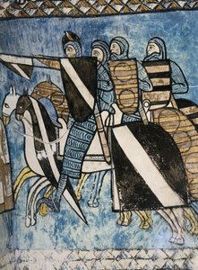 HISZPANIA. KASTYLIA I LEON. Valladolid. Klasztor San Bernardo de Valbuena. Armia kastylijska, grupa chrześcijańskich żołnierzy na koniach. XIV-wieczny fresk "La Reconquista". Sztuka gotycka autorstwa Unknown artist