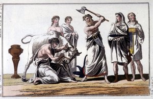Ofiara byka wśród Celtów. Grawerowanie z XIX wieku. autorstwa Unknown artist