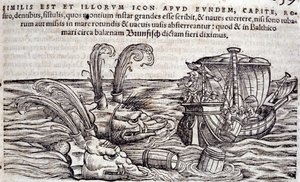 Żeglarze rzucają beczki do morza, aby odwrócić uwagę pościgowych potworów. Grawerowanie w „Historia Animalium” Conrada Gesnera (1516-1565), Tiguri autorstwa Unknown artist