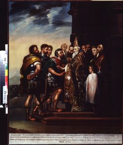 Święty Ambroży i cesarz Teodozjusz I (św. Ambroży i cesarz Teodozjusz). Ekskomunika Teodozjusza I (Flawiusza Teodozjusza lub Teodozjusza Wielkiego (347-395), cesarza rzymskiego od 379 do 395) przez Ambrożego z Mediolanu (Aureliusz Ambrosjusz, 340-397). Nam autorstwa Unknown artist