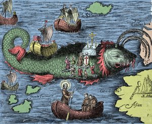 Św. Brendan (Brandan), bohaterowie i święty irlandzki z VI wieku, reprezentuje odprawianie Mszy św. na grzbiecie wielkiego wieloryba Jasconiusa. Legenda mówi, że jego łódź była przewożona na grzbiecie wieloryba. Kolorowy grawerunek z „Nova Tipus Transacto  autorstwa Unknown artist