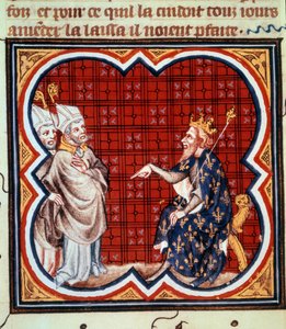 Saint Gregoire archaiczny wież (538-594) i Saint Salvius (Salve) eveque Albi potępiający herezję Chilperic I (539-594). Miniatura w „Grandes Chronicles de France”. Grandes Chronicles de France de Charles V” (folio 41v), autor niezidentyfikowany (c autorstwa Unknown artist