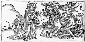 Święta Marta i Taraszek - Grawerowanie z „Leben der Heiligen - sommerteil” (Księga świętego) Jakuba (Jakuba) z Voragine (1228-1298). Lubeka 1488. autorstwa Unknown artist