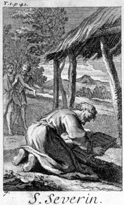 Św. Seweryn, ewangelizator Noryków (dzisiejsza Austria), czytanie. Rycina z XVII wieku. autorstwa Unknown artist