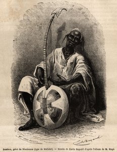 Sambou, griot z Niantanso (Mali) (typ Malinke: język zachodnioafrykański (Gwinea, Senegal, Mali i Wybrzeże Kości Słoniowej), poeta, muzyk, historyk i gawędziarz, griot jest depozytariuszem zbiorowej pamięci narodu. aby zilustrować historię autorstwa Unknown artist