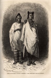 Sarakoleki i Kassonkeski, ludność Górnego Senegalu, w tradycyjnych strojach. Rycina ilustrująca rejs po wybrzeżu Afryki, wiceadmirała Fleuriot de Langle, w 1868 r., opublikowana w „” Le tour du monde””” 1872, pod redakcją Edouarda Chartona autorstwa Unknown artist