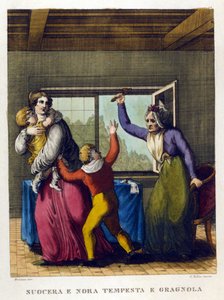 Przysłowia: „”Piękna mama i córka, tempete i grele””. Ilustracja ze zbioru przysłów z XVIII wieku. autorstwa Unknown artist