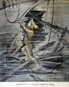 Scaphandrier szuka wraków w Le Havre. ilustracja „Petity Journal” z 1892 roku. autorstwa Unknown artist