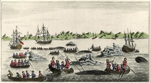 Scena łowienia wielorybów na Grenlandii w XVIII wieku, popularny druk anonimowy z tego okresu autorstwa Unknown artist