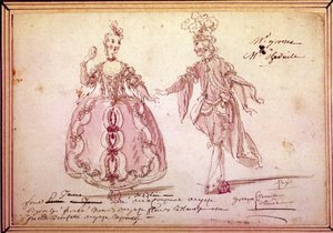 Scenografia: rysunek kostiumów do pasterskiego „Nais” Jeana Philippe (Jean-Philippe) Rameau (1683-1764) 1764. Akwarela. autorstwa Unknown artist