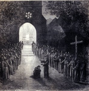 Scenografia do ostatniej sceny II aktu do opery „La forza del destino” (Siła przeznaczenia) włoskiego kompozytora Giuseppe Verdiego (1813-1901) do wykonania w Operze Paryskiej autorstwa Unknown artist