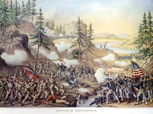 Wojna secesyjna (1861 - 1865) lub American Civil Giuerre: 24-25.11.1863: po dwóch dniach bitwy pod Chattanooga w stanie Tennessee, zwycięstwo Armii Północnej dowodzonej przez generała Rosecransa. Rytownictwo. autorstwa Unknown artist