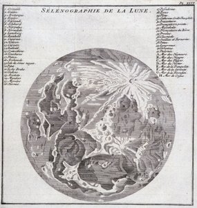 Selenografia Księżyca - w „Podróży historycznej Ameryki Południowej dokonanej z Zakonu Króla Hiszpanii przez Don George Juana i Don Antoine de Ulloa””, T.2, w C.A. Jombert, Librairie du Roi, Paryż autorstwa Unknown artist
