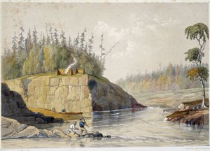 Osadnicy w Kanadzie łowią ryby w rzece - w „Szkice na nipisaguit rzece Nowego Brunszwiku w Ameryce” Williama Hickmana, wyd. Halifax autorstwa Unknown artist