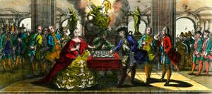 Wojna siedmioletnia: alegoria przedstawiająca Marię Teresę z Austrii (1717-1780) i Fryderyka Pruskiego (1712-1786) grającego w szachy. Rycina XVIII-wiecznej kolekcji prywatnej autorstwa Unknown artist