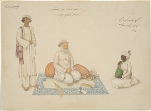 Shah Inayat Allah z Sind ze swoim muzykiem Makkhu i jego asystentem Shaykh Qiyam al-Din, strona z albumu Frasera autorstwa Unknown artist