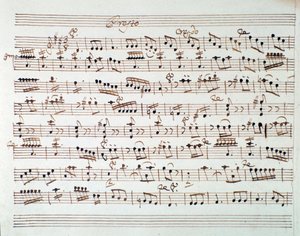 Strona z nutami na pierwsze skrzypce na otwarcie Mitrydate, król Pontu, opery Mozarta (1770) autorstwa Unknown artist