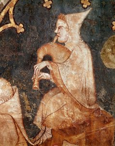 Pasterz dmuchanie w dudy Szczegółowo. Fresk z XIV wieku. Z Muzeum Nawarry Olite (Nawarra), Pampeluna autorstwa Unknown artist