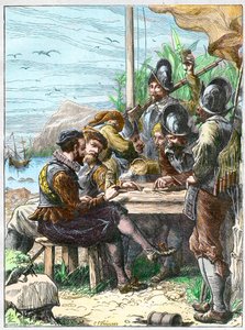 Sir Walter Raleigh na Trynidadzie, zdobywanie informacji od żołnierzy hiszpańskich w sprawie Gujany, 1595. - Wyprawa Waltera Raleigha autorstwa Unknown artist