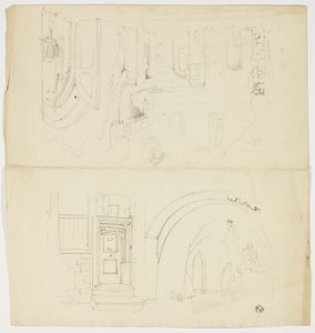 Szkice drzwi, postaci, budynku z bocznym wejściem do kościoła (recto); szkic iglicy (verso) autorstwa Unknown artist