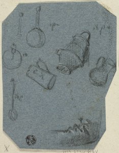 Szkice przyborów kuchennych, zgięte ramię (recto); scena historyczna (verso) autorstwa Unknown artist