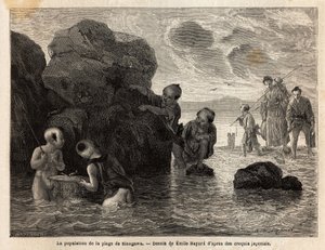 Małe wędkowanie na plaży w Sinagawie, dzieci pluskają się w wodzie i łowią kraby i małe ryby. Rycina ilustrująca podróż do Japonii w latach 1863-1864, autorstwa Aime Humberta, ministra Konfederacji Szwajcarskiej, w „Le tour du monde, nouveau j autorstwa Unknown artist