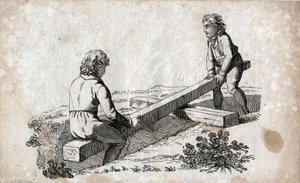 Huśtawka: dwoje dzieci na taśmie doczołowej (taśma doczołowa) Rycina koniec XVIII wieku. Prywatna kolekcja. autorstwa Unknown artist