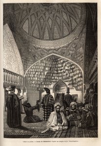 Tatarzy na modlitwie, w meczecie Schusha (Zakaukazie, Rosja). Rycina ilustrująca podróż po prowincjach Kaukazu, Basile Vereschaguine, w latach 1864-1865, opublikowana w „”le tour du monde””, pod kierunkiem D
