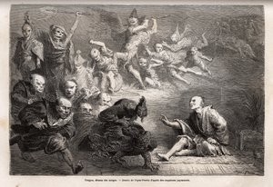 Tengu czyli demon snów, pomniejszy bóg japońskiego folkloru, zoomorf, przybiera postać kruka, obdarzonego magicznymi mocami, jest popularnym tematem sztuki, teatru i literatury w Japonii. Grawer ilustrujący podróż do Japonii w latach 1863-1864 autorstwa Ai autorstwa Unknown artist