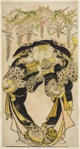 Aktorzy Sanjo Kantaro (po prawej) i Fujimura Handayu (po lewej) jako muzycy grający pod glicynią autorstwa Unknown artist