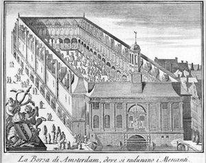 Giełda w Amsterdamie, na której gromadzą się kupcy. Grawerowanie XVIII wieku. autorstwa Unknown artist