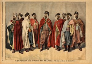 Odwiedzający Francję wodzowie arabscy ​​i tunezyjscy, pełniący straż honorową cara Mikołaja II. (On jest Hamzą, głową szejków Uleds sidi; On jest Mohammedem ben Ghaną, władcą Zibanów; On jest Ferhat Mouly, władcą Beni Maaida; On jest Lakdanem, władcą Larba autorstwa Unknown artist
