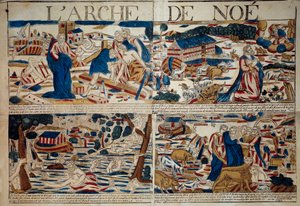 Arka Noego Budowa arki, Noe otrzymuje zapowiedź potopu, potopu, gatunku zwierząt ocalonych po potopie” Grawer XVIII-wiecznej kolekcji prywatnej autorstwa Unknown artist