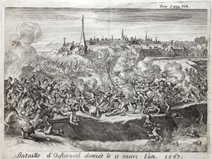Bitwa pod Oosterweel (Holandia, Holandia), która odbyła się 13 marca 1567, pierwsza konfrontacja w wojnie osiemdziesięcioletniej (1567-1648). Grawerowanie ilustrujące „Historię wojny o Flandrię” Flamianusa Strady, wydanie Joseph T