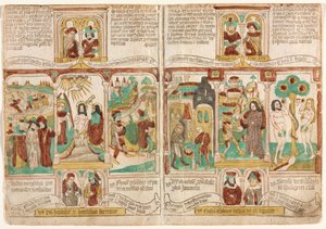 Biblia Ubogich (Biblia Pauperum), Armia Faraona utonęła w Morzu Czerwonym; Chrzest Chrystusa; i szpiedzy Mojżesza powracający z winogronami z Kanaanu Ezaw sprzedający Jakubowi swoje pierworodztwo; Kuszenie Chrystusa; i Kuszenie Adama i Ewy autorstwa Unknown artist