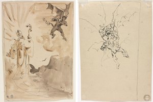 Biskup i Demon (recto); Trzy demony trzymające rycerza (verso) autorstwa Unknown artist