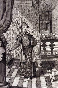 Cesarz Chin i Najwyższy Władca Tatarów - cesarz chiński Kangxi (1652-1722) dynastia Qing, rycina Athanasius Kircher (1601-1680) z „” China Monumentis, qua sacris qua profanis””” 1667 - cesarz chiński Kangxi (1652) -1722) Dynastia Qing, autorstwa Unknown artist