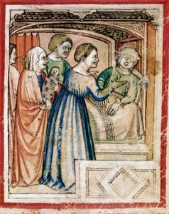 Śmierć Racheli w miniaturze warstw z Kodeksu 212 (lub Kodeksu Padovano lub Biblii Padewskiej) 1390-1400 Rovigo, Accademia dei Concordi autorstwa Unknown artist