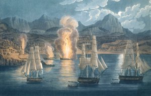 Anglicy niszczący francuskie okręty w zatoce Sagone na Korsyce 30 kwietnia 1811 r. (kolorowana akwatinta) autorstwa Unknown artist