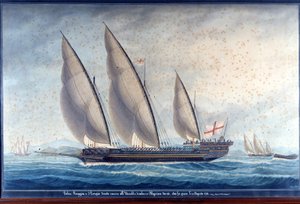 Genuejskie galery Raggia i San Giorgio ścigają algierskiego chebec Uccello. 11 sierpnia 1788. Farba autorstwa Unknown artist