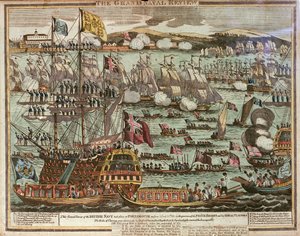 Wielki Przegląd Marynarki Wojennej. Ten Wielki Przegląd Brytyjskiej Marynarki Wojennej odbył się w Portsmouth 24 i 25 czerwca 1814 roku w obecności Księcia Regenta i jego Królewskich Gości, ok. 1814 (kolorowana akwaforta) autorstwa Unknown artist