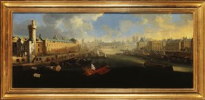 Grande Galerie Luwru z Porte Neuve, Pont-Neuf, Cité, Collège des Quatres-Nations w budowie i Quai Malaquais, ok. 1665 r., między 1665 a 1670 r. (olej na płótnie) autorstwa Unknown artist