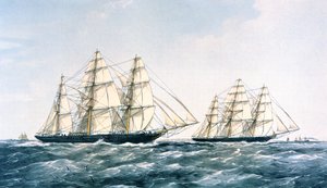 Great Clipper Ship Race w 1866 roku pomiędzy „Ariel” i „Taeping” sprowadzając nowe zbiory herbaty z Chin do Londynu (kolor lito) autorstwa Unknown artist