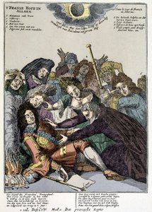 Król zemdlał, a dworzanie otoczyli go, opłakiwani: kpina na klapach Ludwika XIV w Holandii i Włoszech w 1706 r. autorstwa Unknown artist