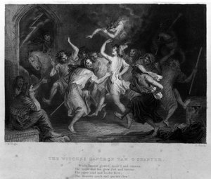 The Legend of Cutty Sark według wiersza Roberta Burnsa: taniec czarownic. Rycina XIX wieku autorstwa Unknown artist